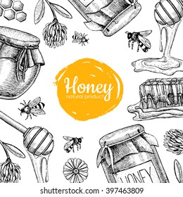 Vector honey bee hand drawn illustrations. Jar, bee, honeycomb, flower objects. Great for  banner, poster, label, brochure template for business promote.