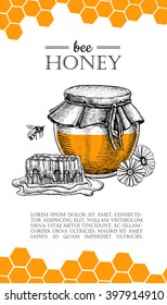 Vector Honey Bee Hand Drawn Illustrations. Jar, Bee, Honeycomb, Flower Objects. Banner, Poster, Label, Brochure Template For Business Promote.