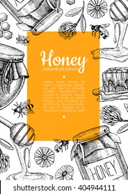 Vector Honey Bee Hand Drawn Illustrations. Jar, Bee, Honeycomb, Flower Objects. Great For Banner, Poster, Label, Brochure Template For Business Promote.