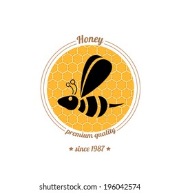 vector honey bee icon on honeycomb background. abstract bee silhouette