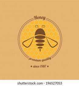 vector honey bee icon on honeycomb background. abstract bee silhouette. honey vintage label or sticker