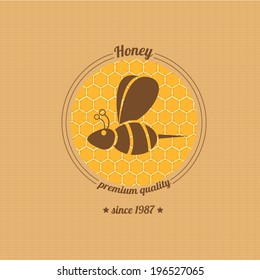 vector honey bee icon on honeycomb background. abstract bee silhouette. honey vintage label or sticker