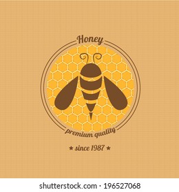 vector honey bee icon on honeycomb background. abstract bee silhouette. honey vintage label or sticker