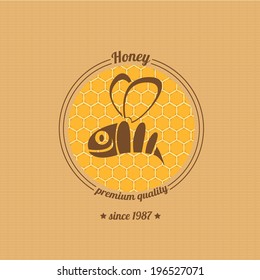 vector honey bee icon on honeycomb background. abstract bee silhouette. honey vintage label or sticker