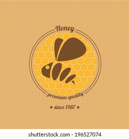 vector honey bee icon on honeycomb background. abstract bee silhouette. honey vintage label or sticker