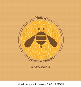 vector honey bee icon on honeycomb background. abstract bee silhouette. honey vintage label or sticker