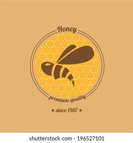 vector honey bee icon on honeycomb background. abstract bee silhouette. honey vintage label or sticker