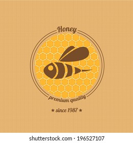 vector honey bee icon on honeycomb background. abstract bee silhouette. honey vintage label or sticker