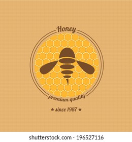 vector honey bee icon on honeycomb background. abstract bee silhouette. honey vintage label or sticker