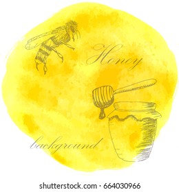 Vector honey bee ink hand drawn sketch illustrations with watercolor spot. Jar, bee, honeycomb objects. Banner, poster, label, brochure template for business promote.
