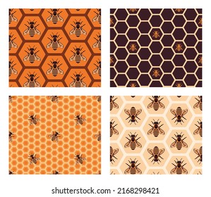 Conjunto de patrones de abejas de miel vectorial. Colección de fondo de abejas y pepitas de miel. Patrón sin foco con abeja real. Papel de pared geométrico con hexágono.