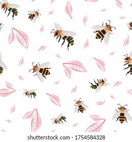 Vector honey bee and pink petals seamless pattern background. Hand drawn striped insect and florals on white backdrop. Garden bug illustration. All over print for summer, food, conservation concept