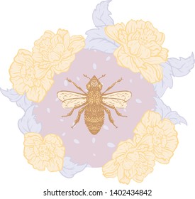 Vector Honey Bee with Roses in Pastel illustration print.