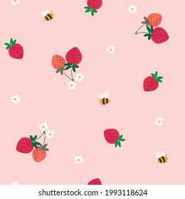 Vector honey bee and strawberry seamless pattern	