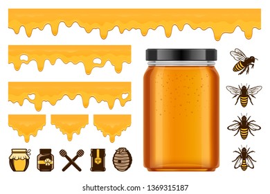 Vector honey, bees, jars icons for honey products, apiary and beekeeping branding and identity.