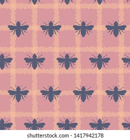Vector Honey Bees on Plaid seamless pattern background.	