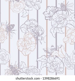 Vector Honey Bees with Roses on Stripes seamless pattern background.