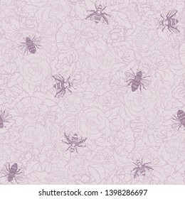 Vector Honey Bees with Roses in Pink seamless pattern background