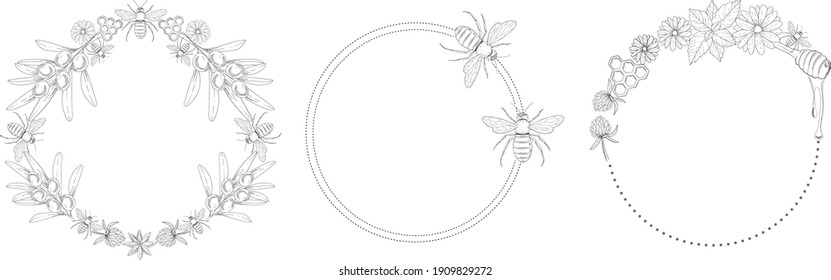 Vectorhonigkreisrahmen mit Honigbienen, Hummeln ​ Buchdorn, Blumen und Honigwabensee. Einfarbige Handzeichnung.