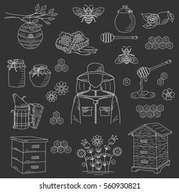 Vector honey collection with beekeeping elements bee, beehive, beekeeper, honeycomb, smoker, jar and dipper stick isolated on black background. Hand drawn, doodle style illustration.