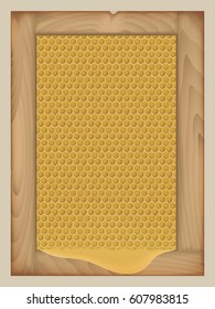 vector honey in the comb in a wooden frame. resulting puddle of honey. pattern in yellow colors