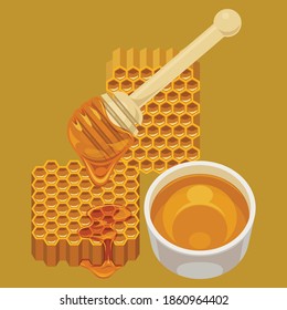 vector honey dipper with honey drops and honeycomb in brown tones picture