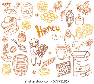 Vector honey element doodle set with beehive, beekeeper, flowers, pollen, bee, hive and ready product. Outline cute cartoon illustration