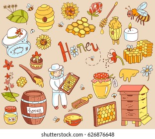 Vector honey element doodle set with beehive, beekeeper, flowers, pollen, bee, hive and ready product. Color cute cartoon illustration