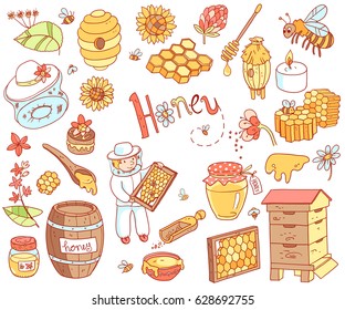Vector honey element doodle set with beehive, beekeeper, flowers, pollen, bee, hive and ready product. Color cute cartoon illustration