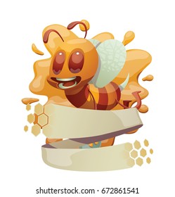 Vector honey emblem with honeycomb banner and with cartoon image of a funny yellow-brown striped male bee, flying with a bucket of honey in hands on a white background. Beehive, insect, honey. 