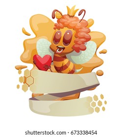 Vector honey emblem with honeycomb banner and with cartoon image of a funny yellow-brown striped female bee with a crown on head, with red heart in hands on a white background. Beehive, insect, honey.