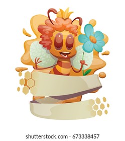 Vector honey emblem with honeycomb banner and with cartoon image of a funny yellow-brown striped female bee with a crown on head, with a flower in hand on a white background. Beehive, insect, honey.