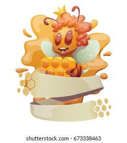 Vector honey emblem with honeycomb banner and with cartoon image of a funny yellow-brown striped female bee with a crown on head, with honeycomb in hands on a white background. Beehive, insect, honey.