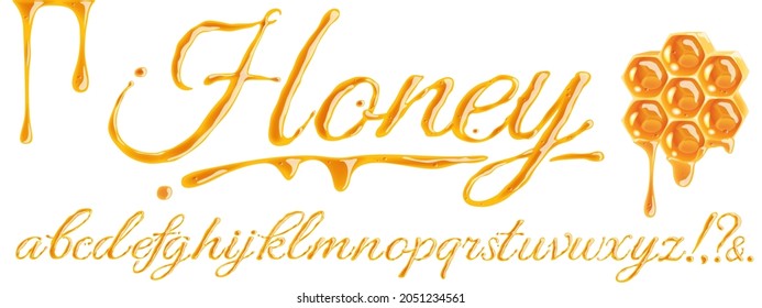 Vector honey font on white background. Latin alphabet. Honey inscription. Sweet letters.