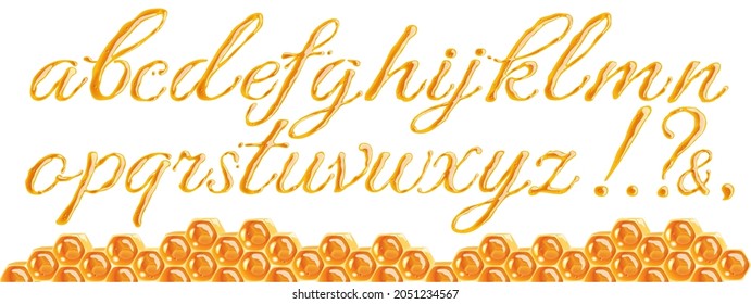 Vector honey font on white background. Latin alphabet, shiny sweet letters.