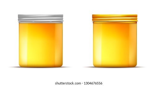 Vector honey glass jar with gold and silver screw cap.