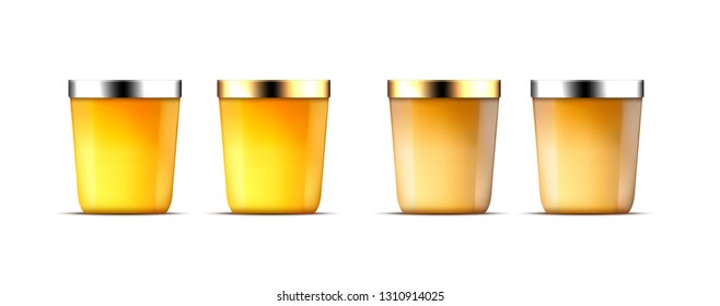 Vector honey glass jar with gold and silver screw cap.