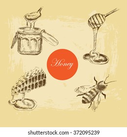 vector honey hand drawing in vintage style. honey cells, honey stick, jar and bee