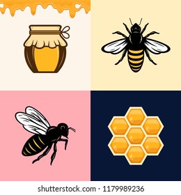 Vector honey icons design elements on different backgrounds for honey products, apiary and beekeeping branding and identity.