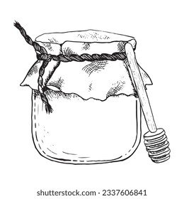 Vector honey jar and dipper spoon line vector illustration. Hand drawn Rosh Hashanah food black and white sketch