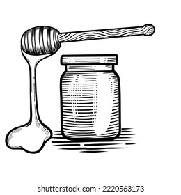 Frasco de miel vectorial y palo con miel líquida derretida. Esbozo dibujado a mano Ilustración, estilo de grabado