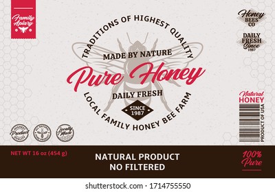 Vector Honey Label And Packaging Design Template For Apiary And Beekeeping  Products, Branding And Identity. Vector Honey Illustration