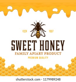 Vector honey logo with bee, dripping honey and honeycombs