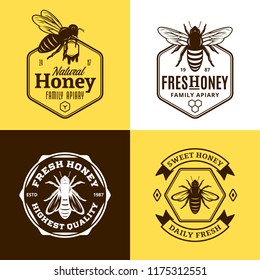 Vector honey logo and bee icons for honey products, apiary and beekeeping branding and identity.