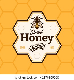 Vector honey logo with bee on a honeycomb background.