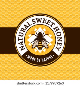 Logo de miel vectorial con abeja en un fondo de abeja.