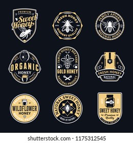 Vector honey logo and icons on a dark background for honey products, apiary and beekeeping branding and identity.
