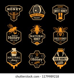 Vector honey logo and icons on a black background for honey products, apiary and beekeeping branding and identity.