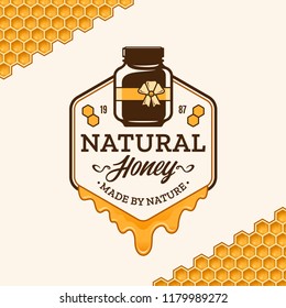 Vector honey logo with jar, dripping honey and honeycombs.
