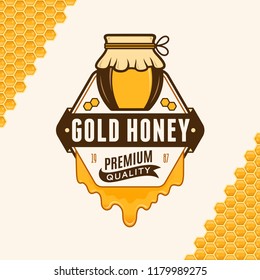 Vector honey logo with jar, dripping honey and honeycombs.